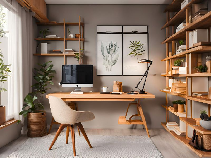 Moderna kućna kancelarija sa drvenim policama, stolom, računarom i sobnim biljkama, u prijatnom i osvetljenom okruženju.