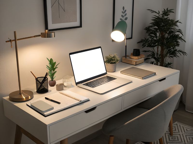 Organizacija radnog prostora sa modernim stolom, laptopom, sveskom, lampom i biljkama u pozadini, prikaz urednog i prijatnog kućnog ofisa.