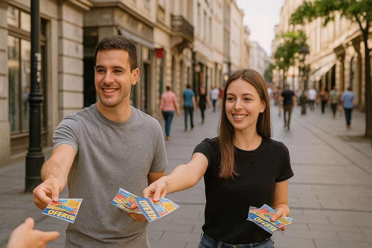 Nasmejani mladić i devojka stoje na ulici i pružaju flajere prolaznicima tokom promotivne akcije