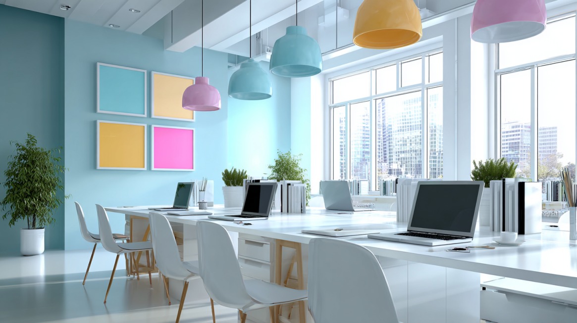 Moderan coworking prostor sa dugim stolovima i šarenim lampama