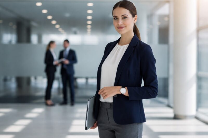 žena u plavom sakou i beloj bluzI stoji u svetloj, modernoj kancelariji sa fasciklom u ruci