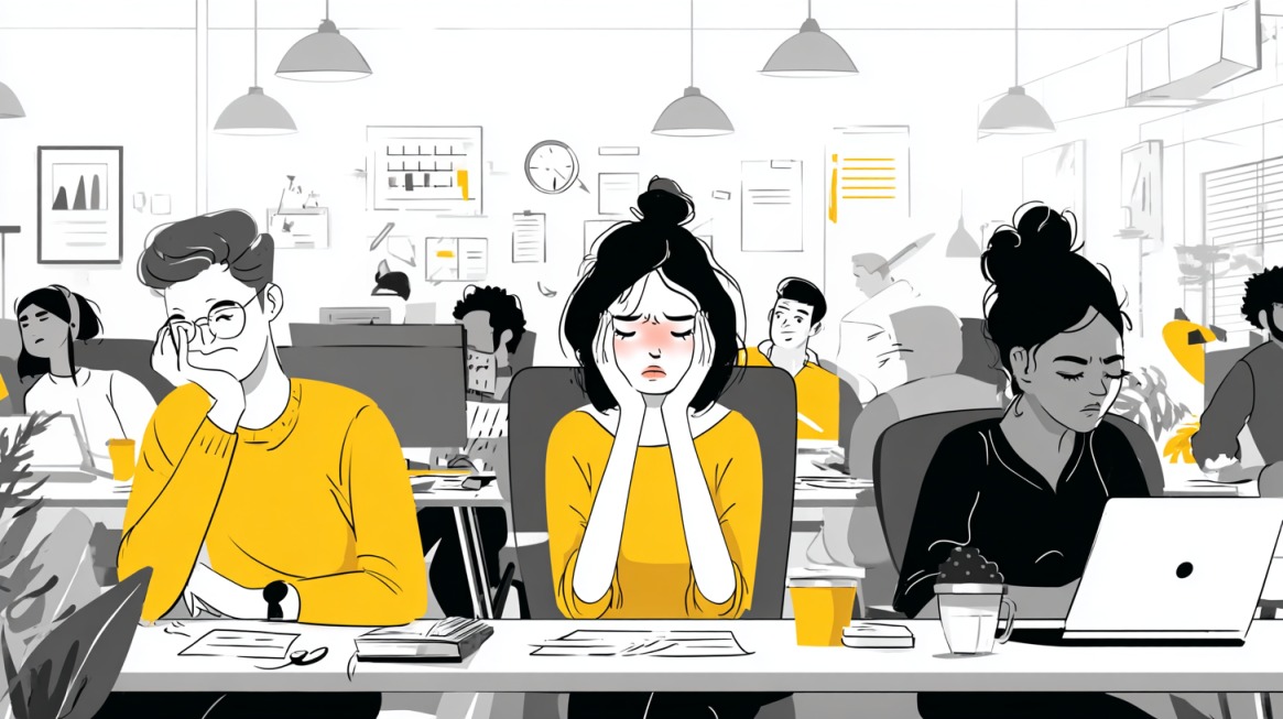 Ljudi rade u coworking prostoru sa izraženim umorom i koncentracijom