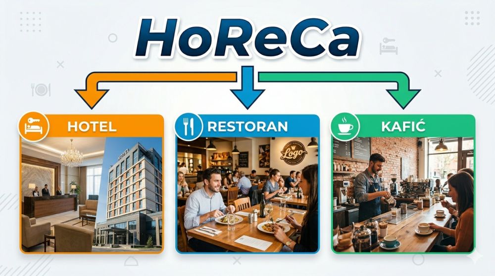 Grafički prikaz HoReCa sektora sa restoranom, kafićem i hotelom kao glavnim delovima
