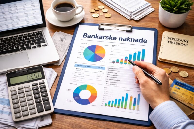 Dokument sa naslovom Bankarske naknade na radnom stolu uz laptop, kalkulator, račune i bankovne kartice tokom analize troškova poslovanja.