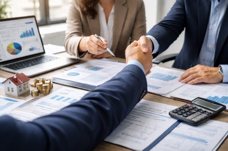 Poslovni sastanak na kojem se dogovara refinansiranje kredita u kompaniji uz analizu finansijskih dokumenata i grafikona