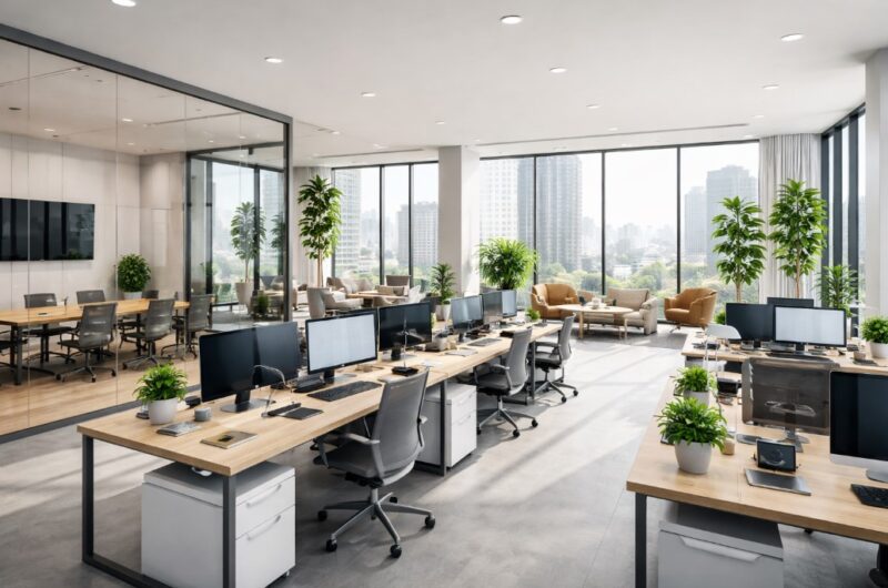 Svetao moderan kancelarijski prostor sa radnim stolovima, računarima, salom za sastanke i velikim prozorima sa pogledom na grad