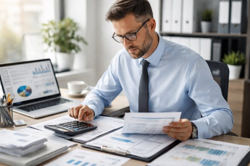 Računovođa u kancelariji analizira finansijske dokumente i vrši obračun pomoću kalkulatora i laptopa.